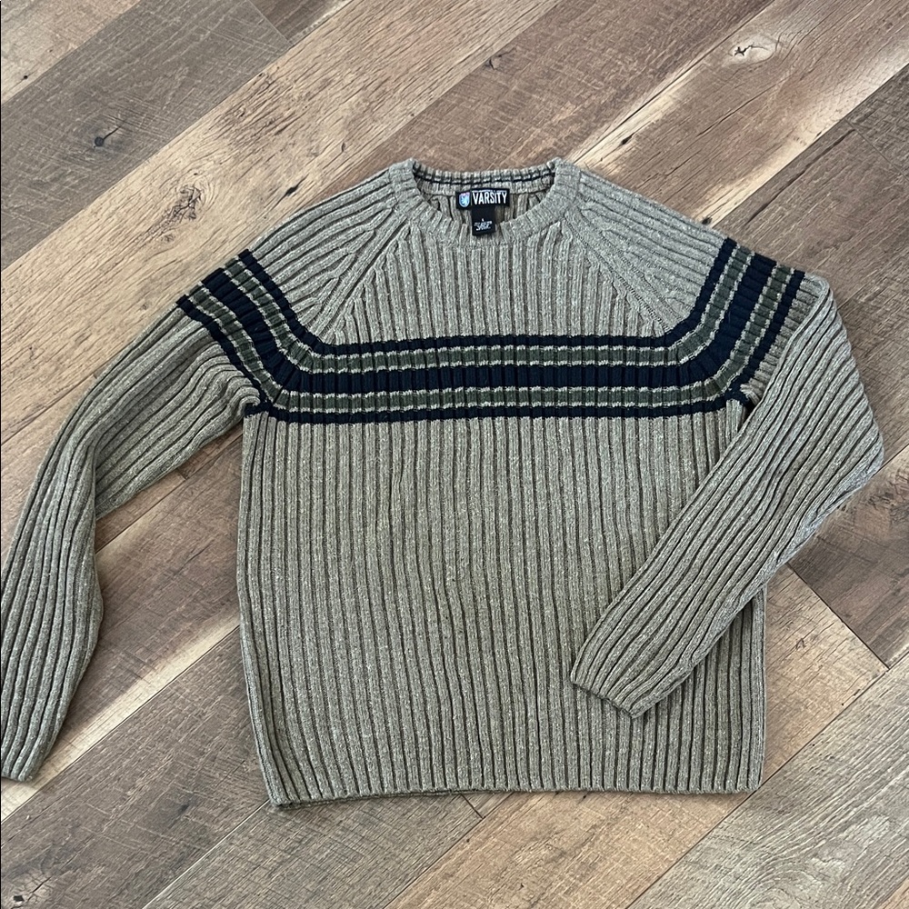 Roundtree & Yorke Men's Crewneck Sweater - Olive with Blue Stripes